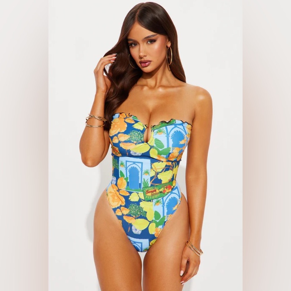 Fashion Nova Strapless Floral Citrus Print One-Piece Swimsuit - Blue/Yellow
